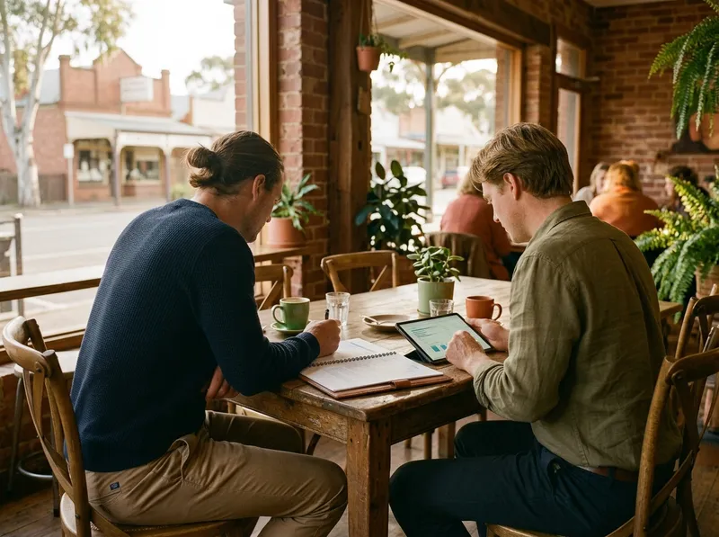 Two business owners going over their local search results on a tablet at a main street cafe in Highfields