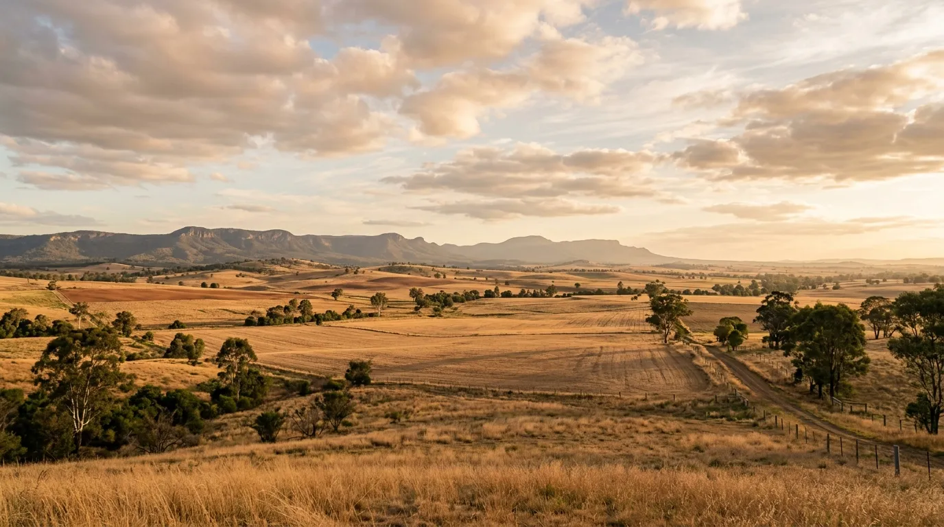Farmland running to the Great Dividing Range escarpment at sunset near Highfields