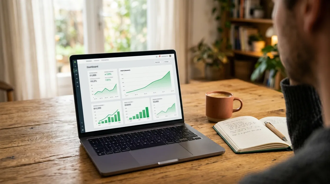 Laptop on a timber desk showing an analytics dashboard with rising traffic, tracking Google Business Profile Optimisation Toowoomba results